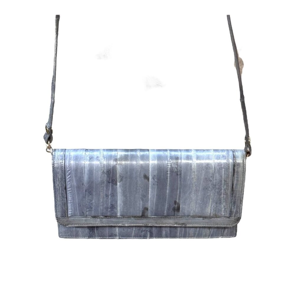 Vintage Eel Skin Leather Blue Gray Handbag Clutch Shoulder Bag Purse Pocketbook